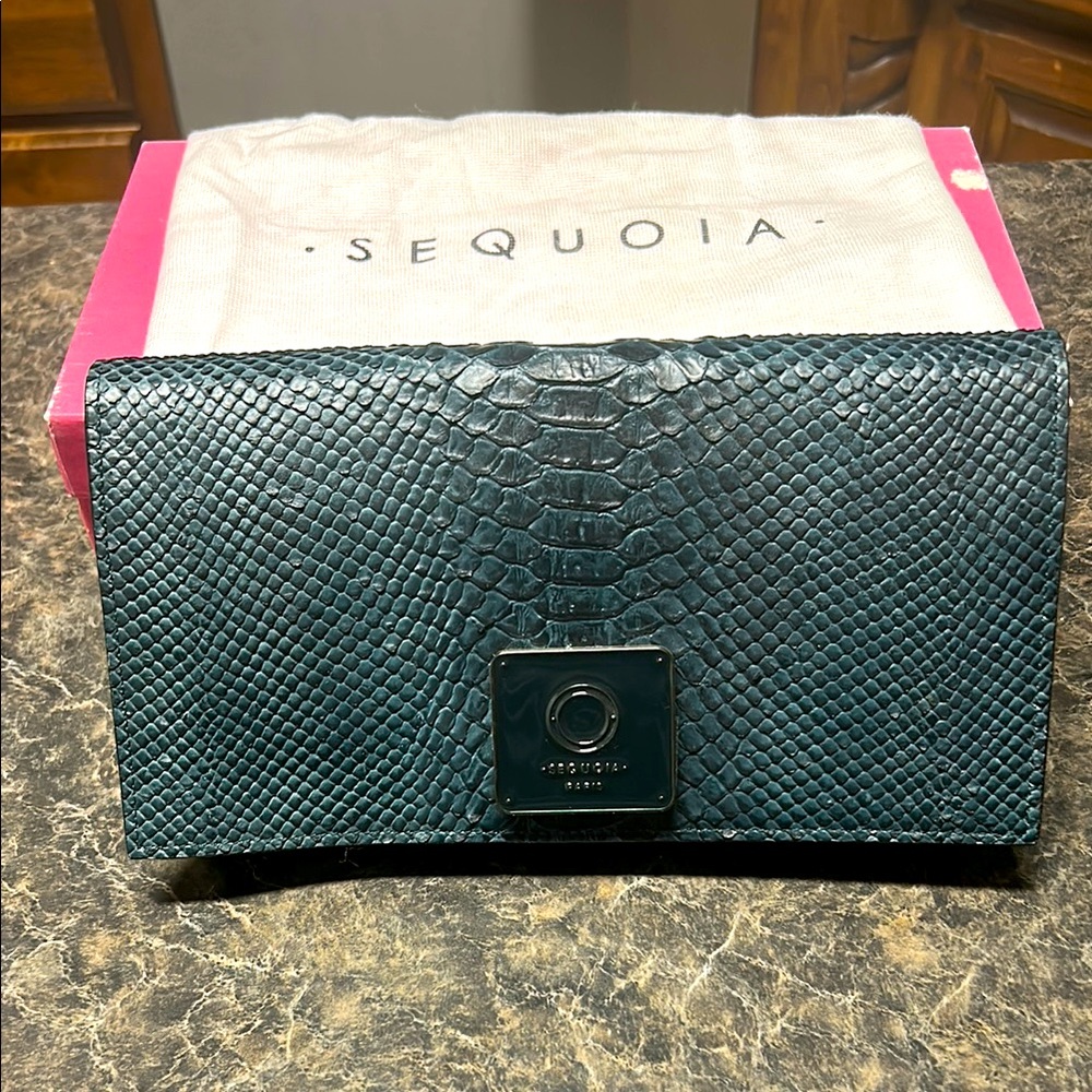 Sequoia Paris Foldover Clutch - snake skin, teal with lining. NWT